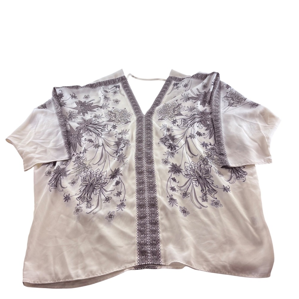 Womens White Grey Floral V-Neck‎ Oversized Blouse Boho Short Sleeve Top 5452